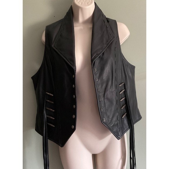 Harley-Davidson Jackets & Blazers - Womens Harley Davidson Black Leather Vest M 38" Bust Lace Fringe Snaps Beads